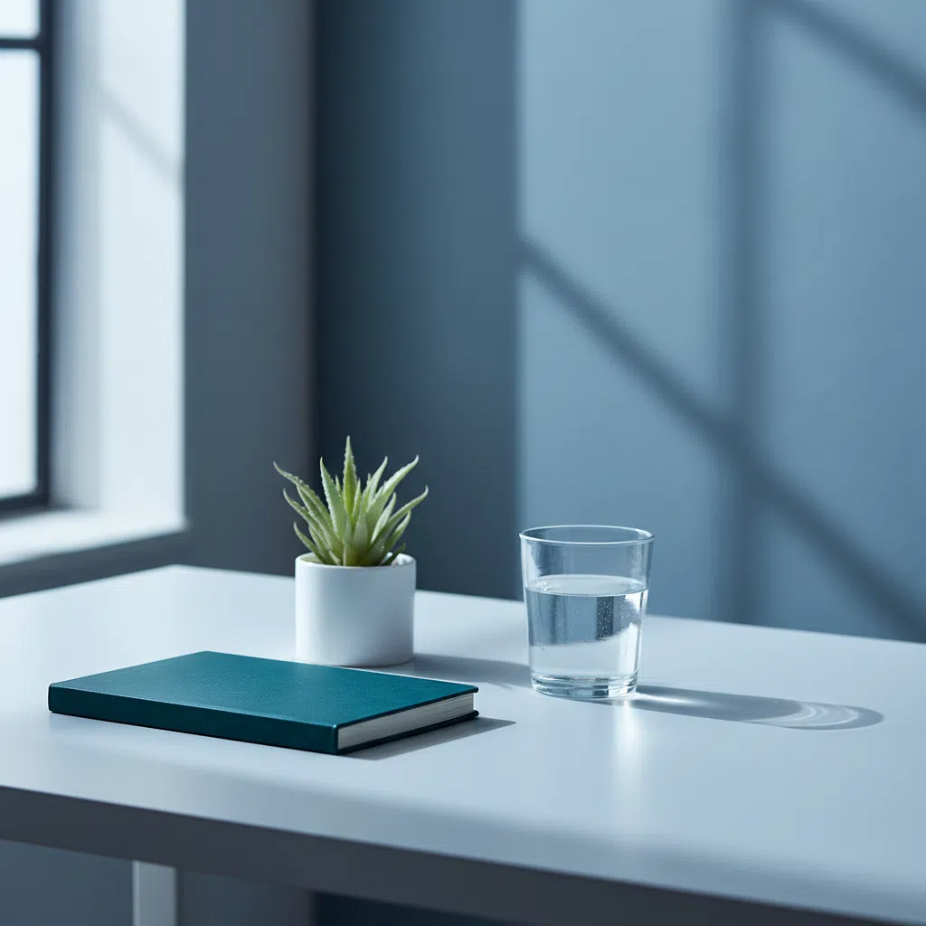 A calm, uncluttered workspace with a notebook, a small plant, and a glass of water on a light wooden desk