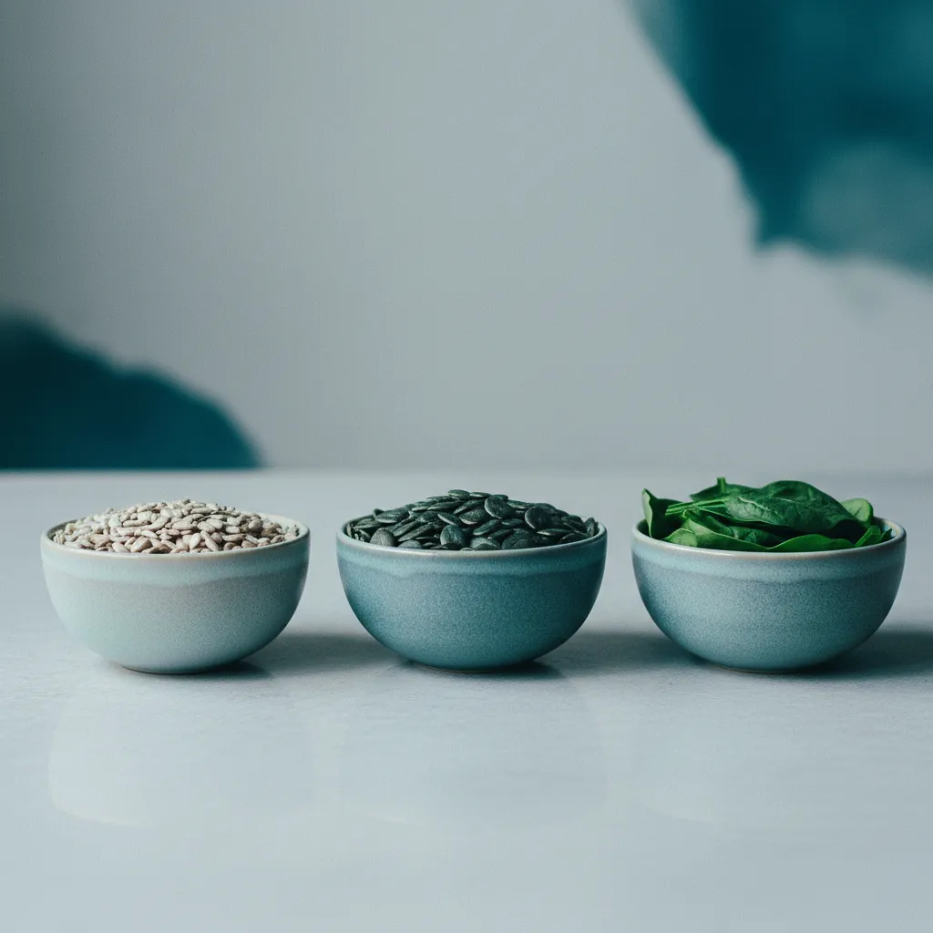 Small ceramic bowls of pumpkin seeds, almonds, and dark leafy greens arranged neatly on a wooden surface
