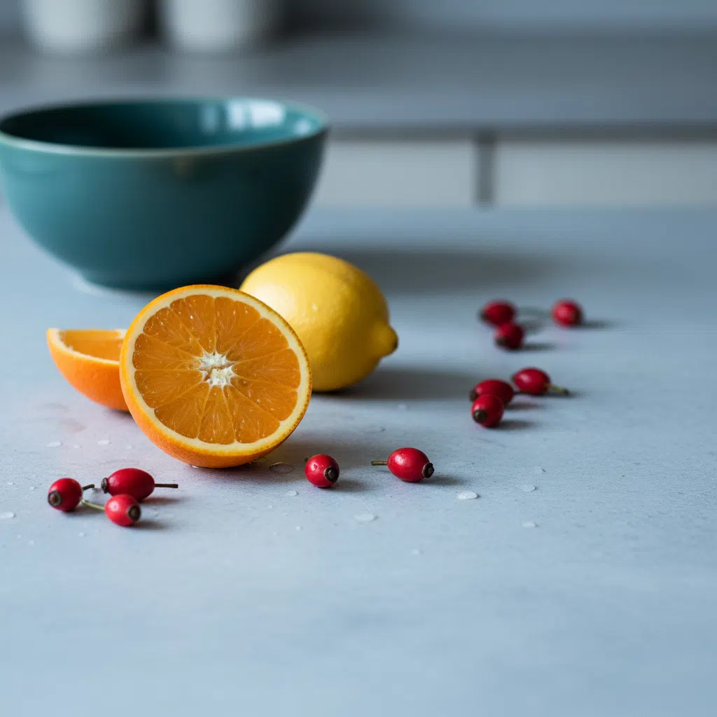 Fresh oranges cut in halves and whole rosehips arranged on a pale stone surface