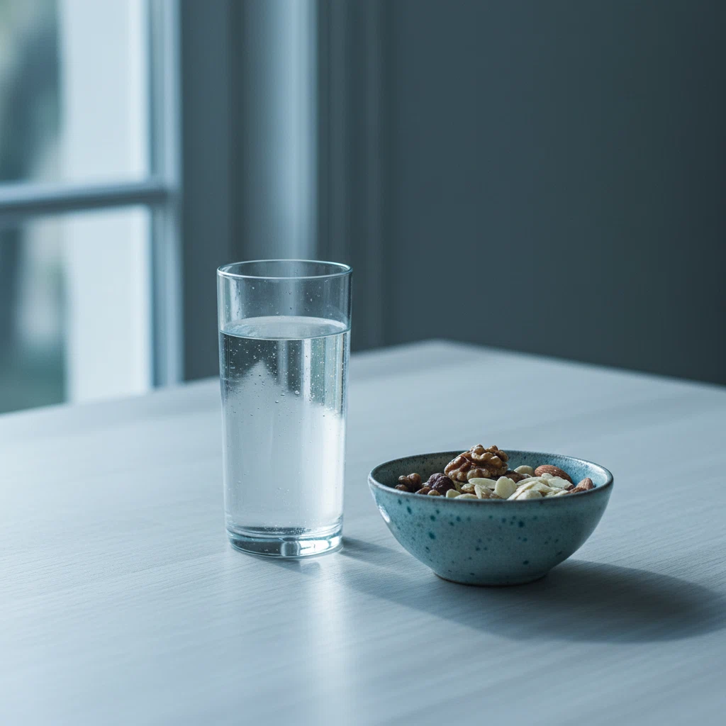 A glass of water and a bowl of almonds and walnuts on a bright wooden kitchen table in the morning light