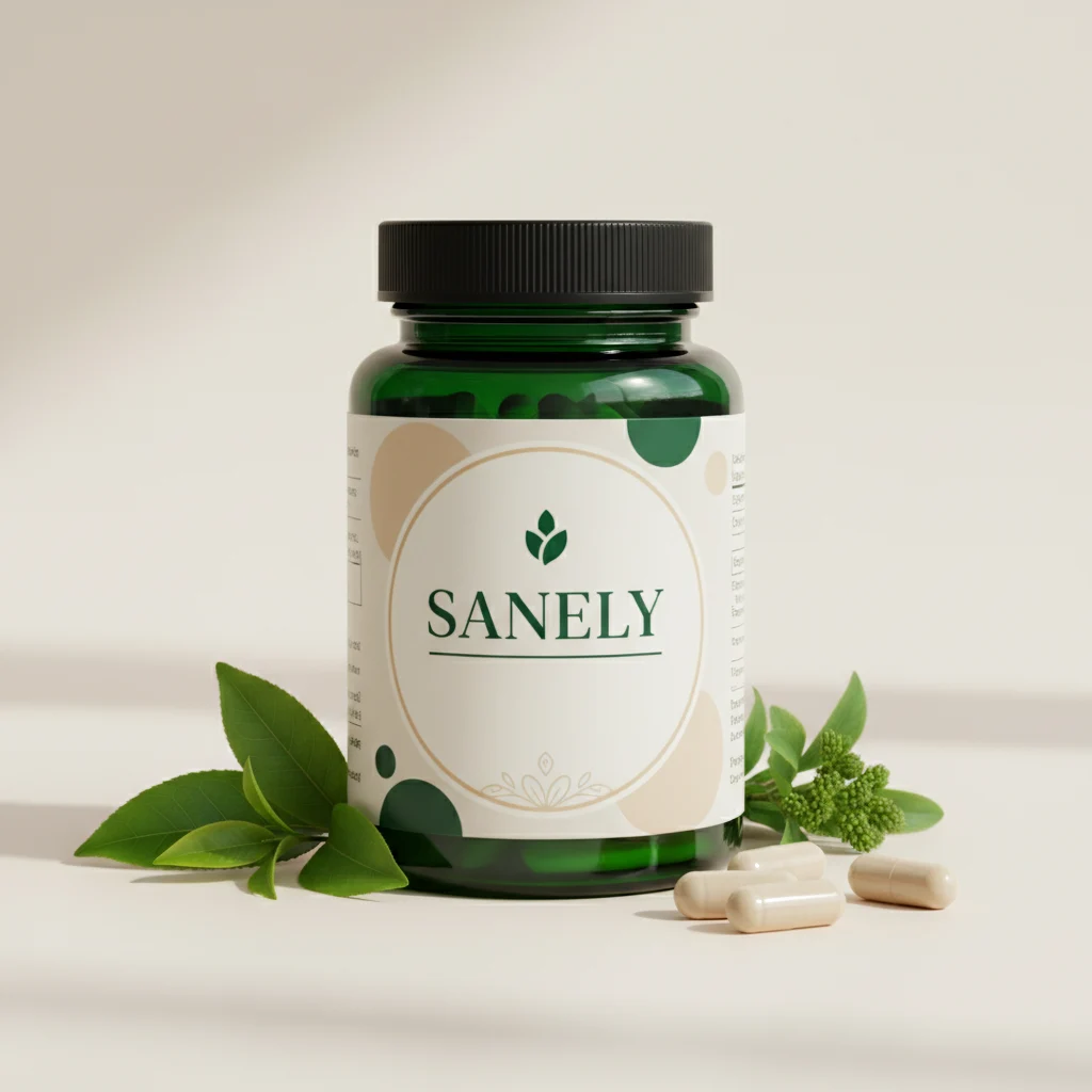 Sanely dark green glass supplement jar with silver lid and white label featuring the Sanely name